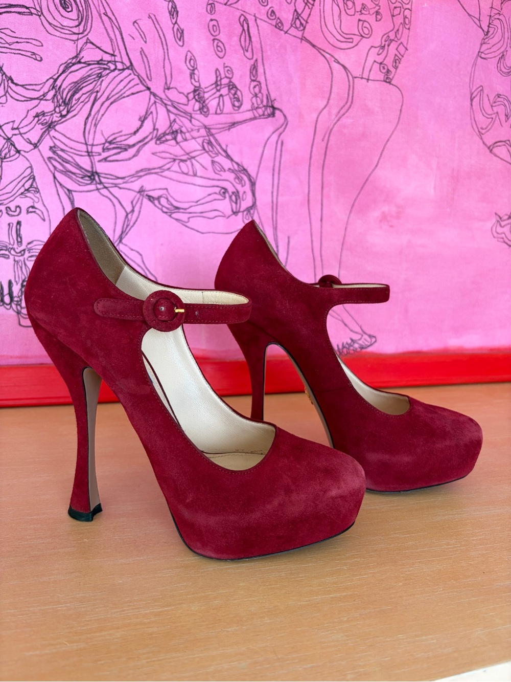 Prada Burgundy Suede Mary Jane Platform Pumps